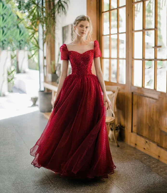 Prom dresses for Mother's Day-Burgundy tulle beads long prom dress A line evening dress 8645 Prom dresses for Mother's Day-Burgundy tulle beads long prom dress A line evening dress 8645