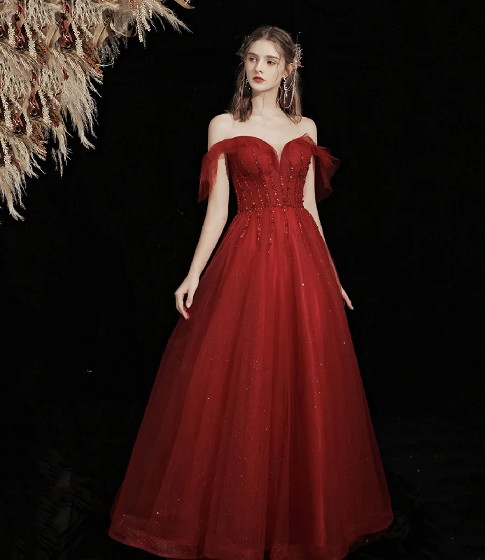Stylish satin prom dresses for luxe appeal-Burgundy tulle beads long prom dress A line evening gown 10428 Stylish satin prom dresses for luxe appeal-Burgundy tulle beads long prom dress A line evening gown 10428