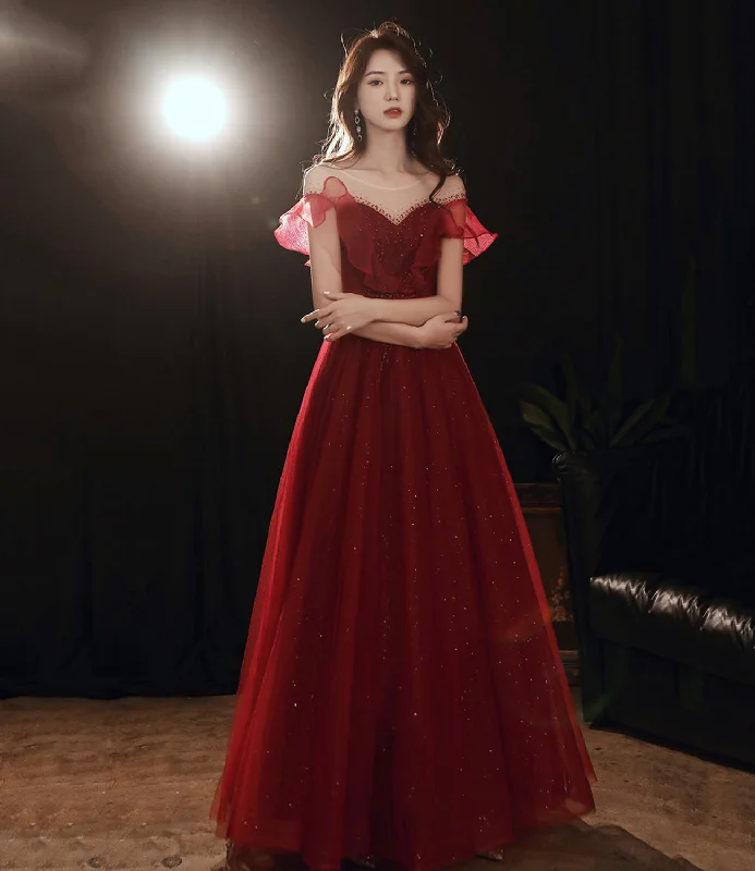 Lace back prom dresses for added elegance-Burgundy tulle beads long prom dress A line evening gown 10481 Lace back prom dresses for added elegance-Burgundy tulle beads long prom dress A line evening gown 10481