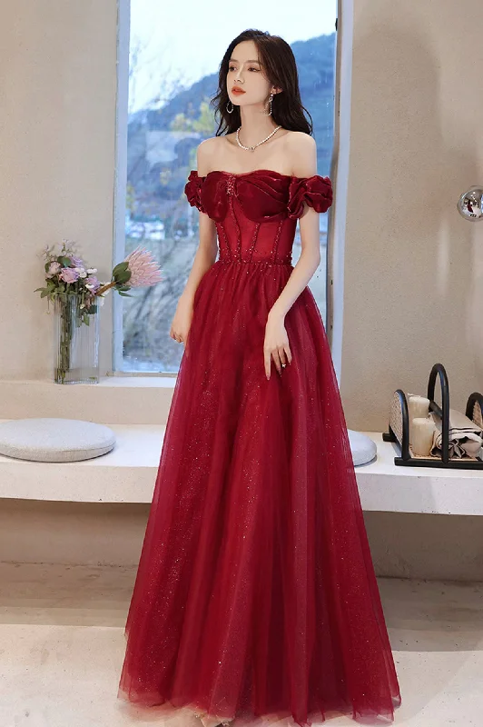 Unique prom dresses with lace details-Burgundy tulle beads long prom dress evening dress 10584 Unique prom dresses with lace details-Burgundy tulle beads long prom dress evening dress 10584