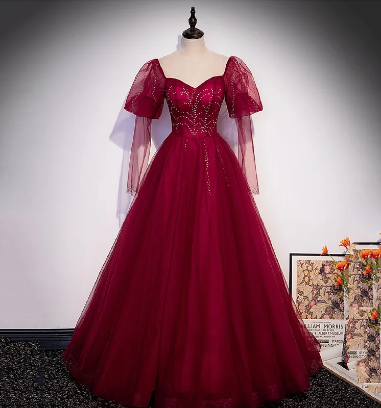 What to wear with prom dress-Burgundy tulle beads long prom dress evening gown 10005 What to wear with prom dress-Burgundy tulle beads long prom dress evening gown 10005
