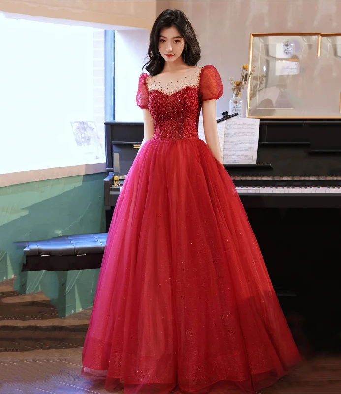 Prom dresses with music festival vibes-Burgundy tulle beads long prom dress evening gown  10315