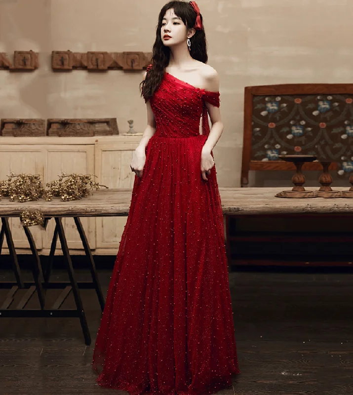 Romantic prom dresses with floral details-Burgundy tulle beads long prom dress one shoulder evening dress 8552 Romantic prom dresses with floral details-Burgundy tulle beads long prom dress one shoulder evening dress 8552