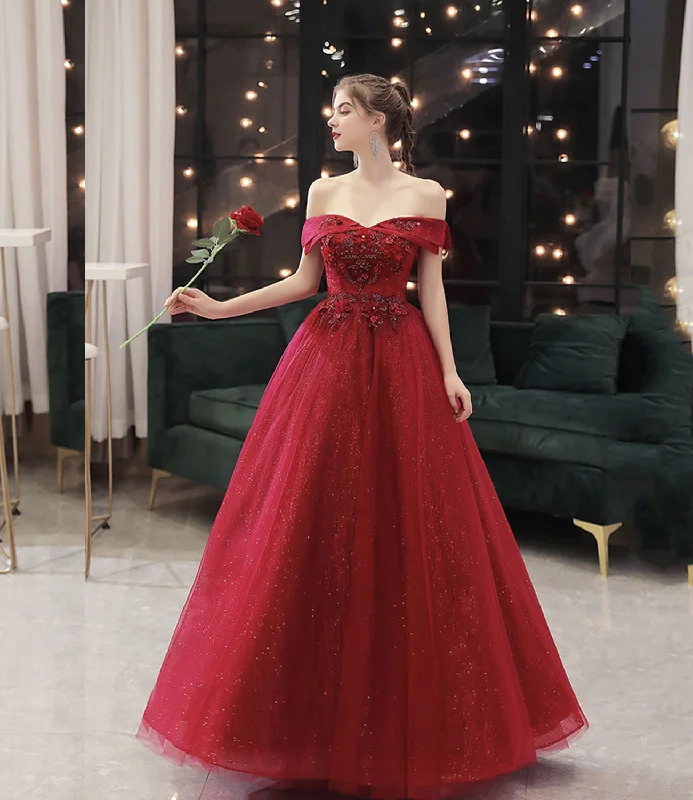 Prom dresses for St. Patrick's Day-Burgundy tulle lace long prom dress A line evening gown 10323 Prom dresses for St. Patrick's Day-Burgundy tulle lace long prom dress A line evening gown 10323