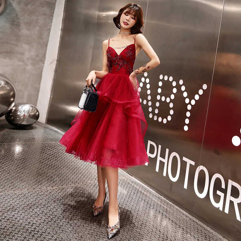 Sleek prom dresses with minimal detailing-Burgundy tulle lace short prom dress, homecoming dress 8054 Sleek prom dresses with minimal detailing-Burgundy tulle lace short prom dress, homecoming dress 8054