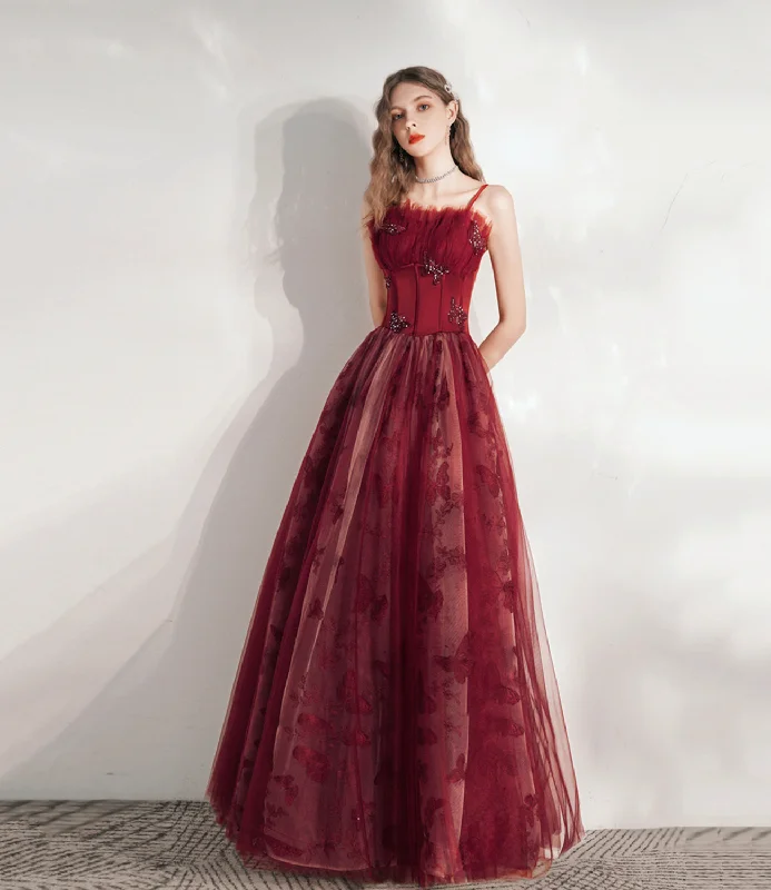 Elegant gowns for prom in satin-Burgundy tulle long A line prm dress evening dress 8799 Elegant gowns for prom in satin-Burgundy tulle long A line prm dress evening dress 8799