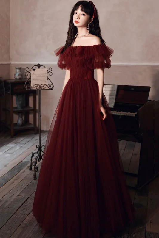 Elegant white prom dresses for sophistication-Burgundy tulle long A line prom dress evening dress 8572 Elegant white prom dresses for sophistication-Burgundy tulle long A line prom dress evening dress 8572