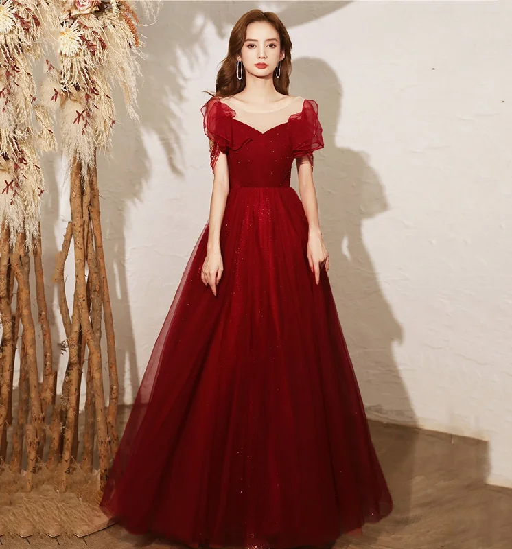 Prom dresses with velvet-Burgundy tulle long A line prom dress evening dress  8680