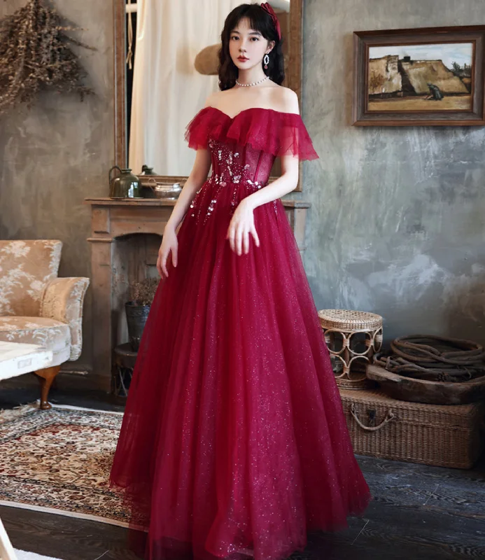 Prom dresses for spring-Burgundy tulle long A line prom dress evening dress  8687