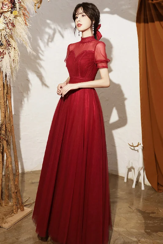 What to wear with prom dress-Burgundy tulle long A line prom dress evening dress 8692 What to wear with prom dress-Burgundy tulle long A line prom dress evening dress 8692