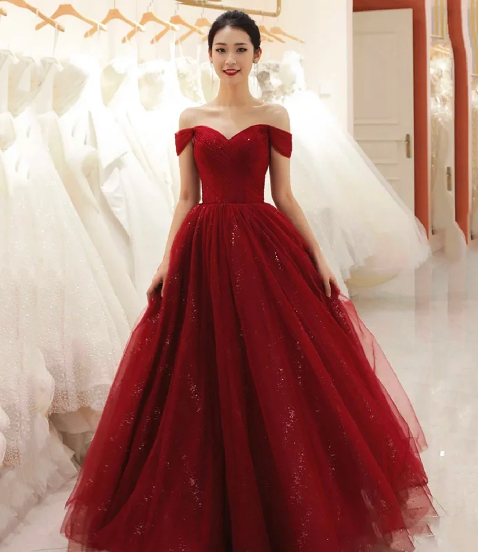 Pretty pink prom dresses for a feminine vibe-Burgundy tulle long A line prom dress evening dress 8734 Pretty pink prom dresses for a feminine vibe-Burgundy tulle long A line prom dress evening dress 8734