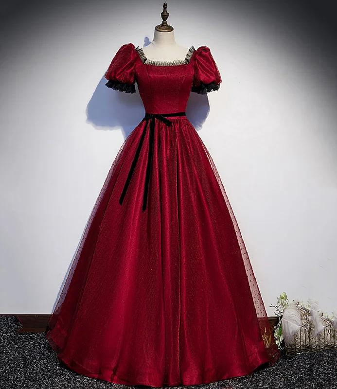 Prom dresses with intricate beading-Burgundy tulle long A line prom dress evening dress 8839 Prom dresses with intricate beading-Burgundy tulle long A line prom dress evening dress 8839