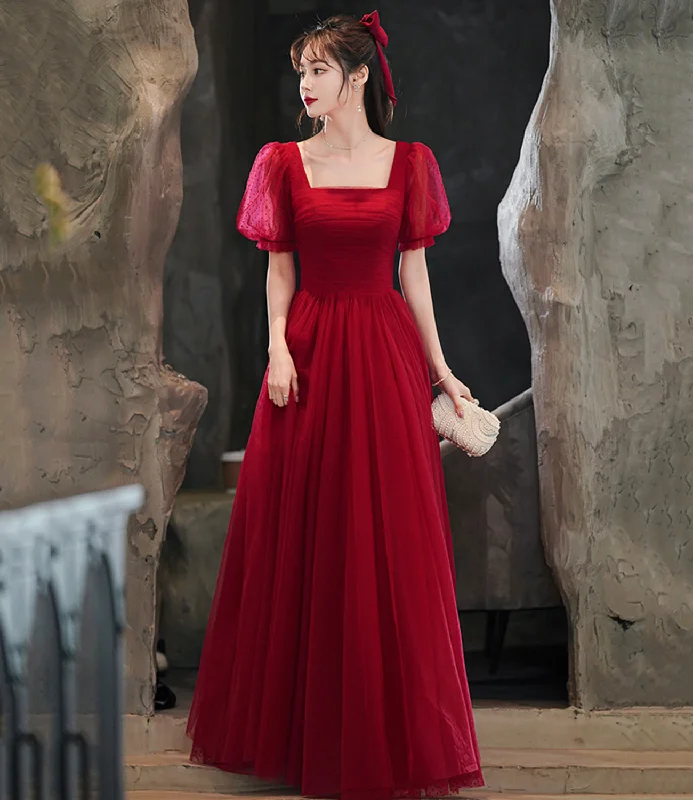 Trendy prom dresses for fashion-conscious teens-Burgundy tulle long A line prom dress evening dress  8843