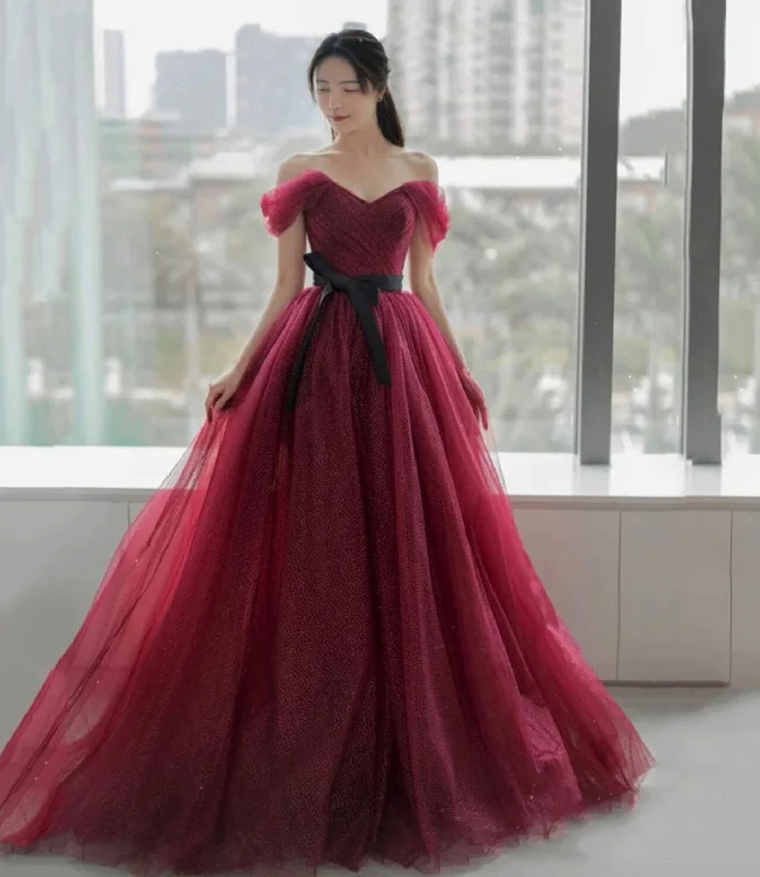 Prom dresses with feather accents-Burgundy tulle long A line prom dress evening dress 8856 Prom dresses with feather accents-Burgundy tulle long A line prom dress evening dress 8856