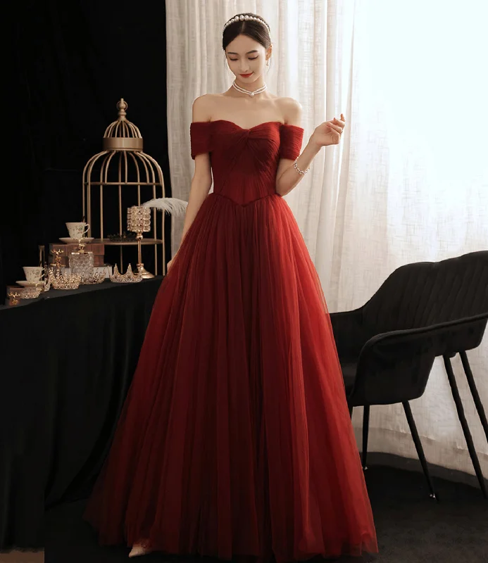 Long sleeve prom dresses for winter-Burgundy tulle long A line prom dress evening dress 8874 Long sleeve prom dresses for winter-Burgundy tulle long A line prom dress evening dress 8874