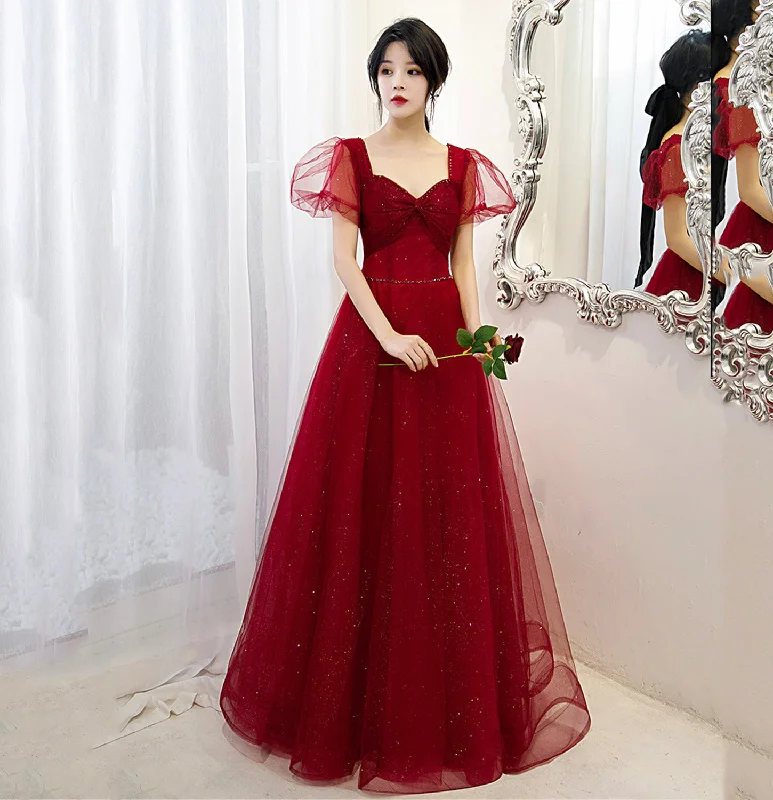 Trendy off-shoulder prom gowns for glam-Burgundy tulle long A line prom dress evening gown 10070 Trendy off-shoulder prom gowns for glam-Burgundy tulle long A line prom dress evening gown 10070