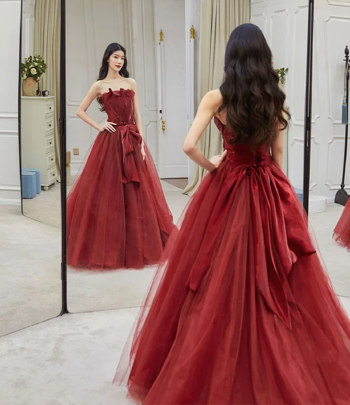 Fit and flare prom dresses for a flattering silhouette-Burgundy tulle long prom dress A line evening dress 10146 Fit and flare prom dresses for a flattering silhouette-Burgundy tulle long prom dress A line evening dress 10146