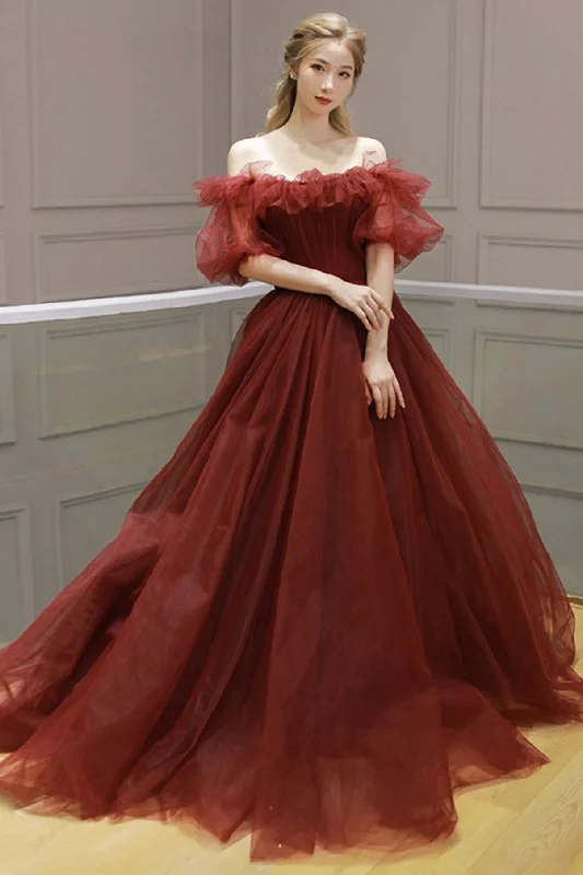 Tulle prom dresses for a princess look-Burgundy tulle long prom dress A line evening dress 8579 Tulle prom dresses for a princess look-Burgundy tulle long prom dress A line evening dress 8579
