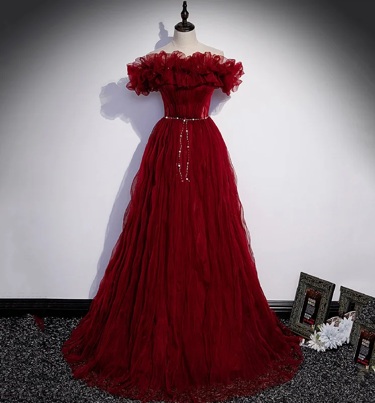 Prom dresses for formal events-Burgundy tulle long prom dress A line evening gown 10006 Prom dresses for formal events-Burgundy tulle long prom dress A line evening gown 10006