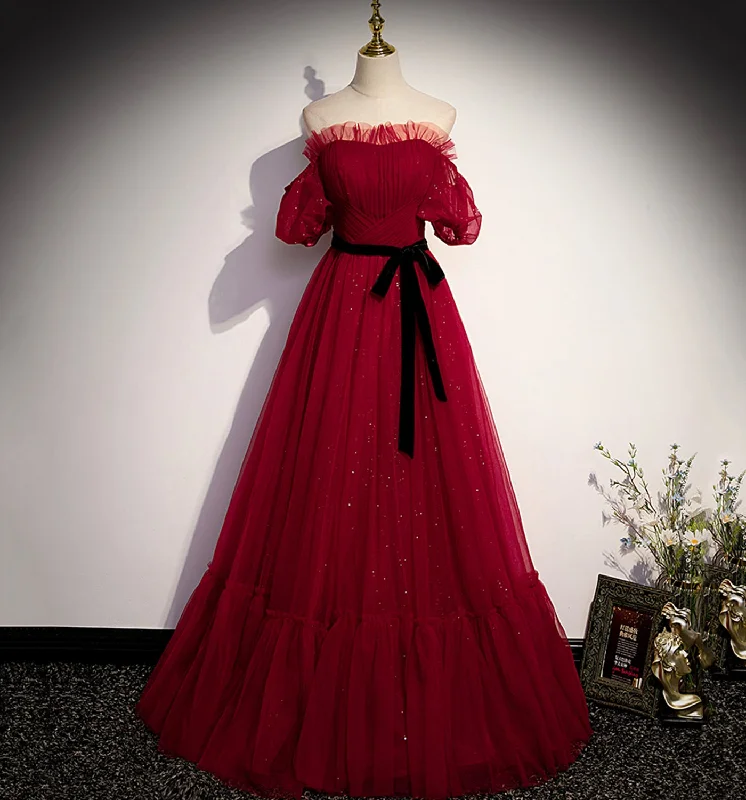 Long prom dresses for teens-Burgundy tulle long prom dress A line evening gown  10009