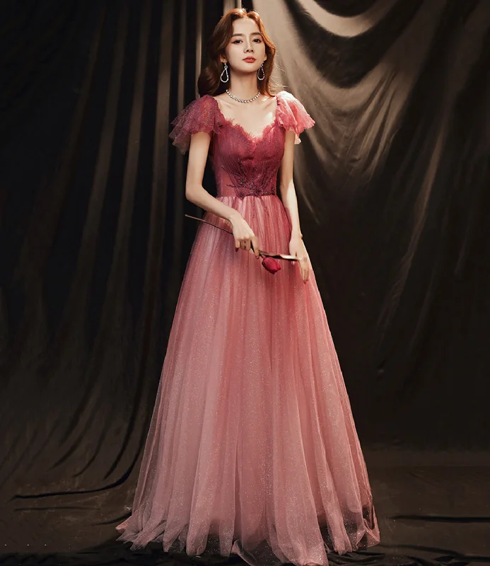 A-line prom dresses for flattering fit-Burgundy tulle long prom dress A line evening gown  10256