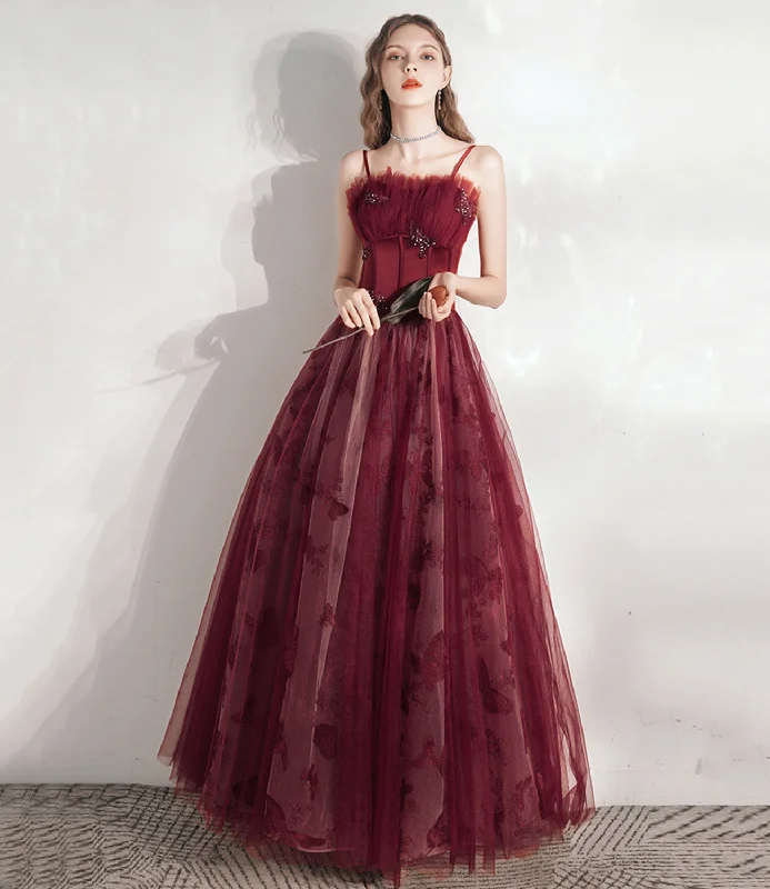 Modern mermaid prom dresses for dramatic flair-Burgundy tulle long prom dress A line evening gown 10374 Modern mermaid prom dresses for dramatic flair-Burgundy tulle long prom dress A line evening gown 10374