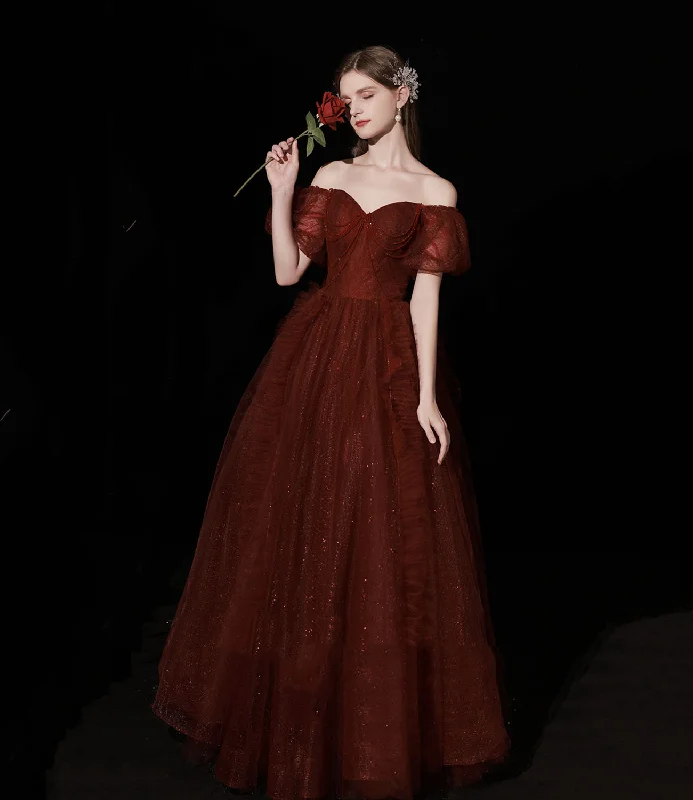 Chic maxi prom dresses for high fashion-Burgundy tulle long prom dress A line evening gown 10439 Chic maxi prom dresses for high fashion-Burgundy tulle long prom dress A line evening gown 10439