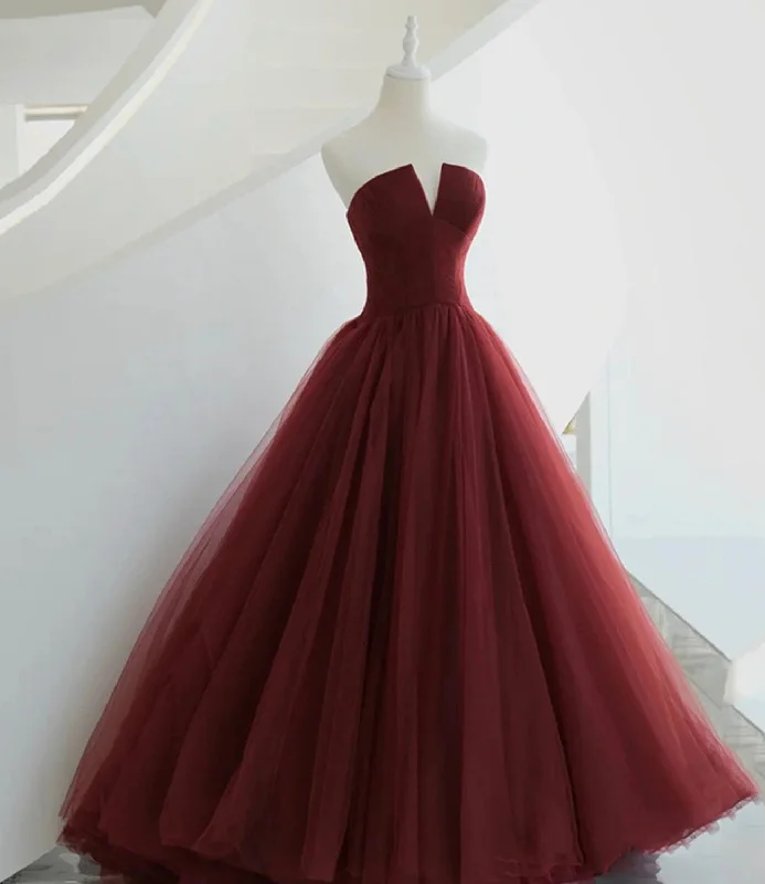 Affordable designer prom dresses-Burgundy tulle long prom dress A line evening gown 10563 Affordable designer prom dresses-Burgundy tulle long prom dress A line evening gown 10563
