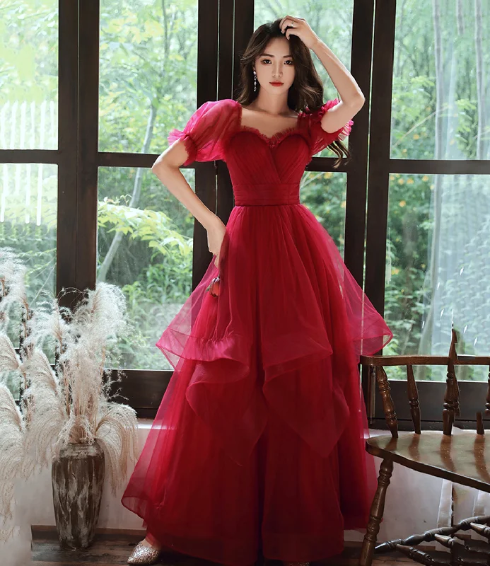 Prom dresses with pastel colors-Burgundy tulle long prom dress evening gown  8959