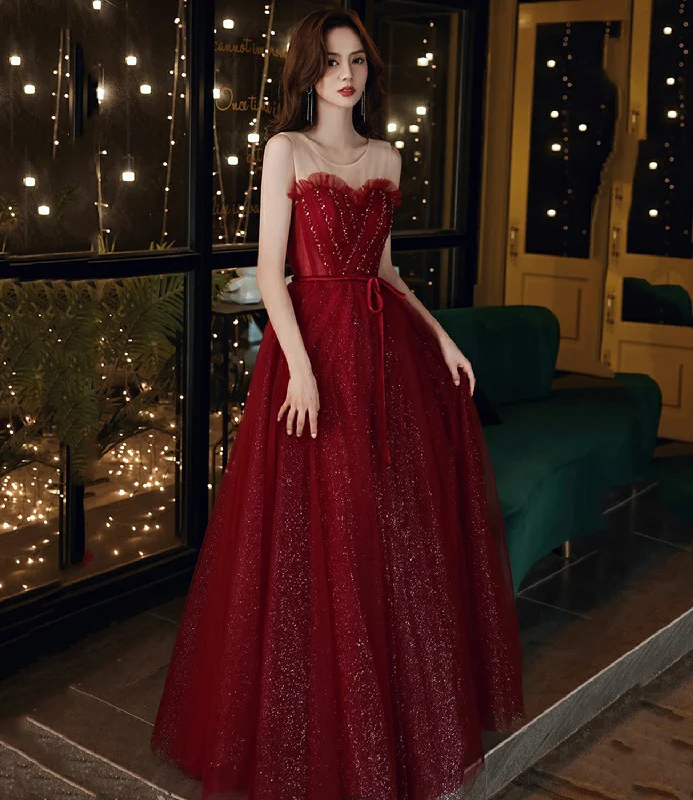 Long sleeve prom dresses for winter-Burgundy tulle sequins long prom dress A line evening dress 10555 Long sleeve prom dresses for winter-Burgundy tulle sequins long prom dress A line evening dress 10555