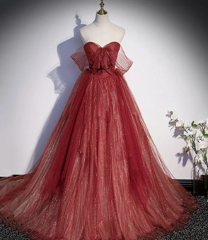 Affordable prom dresses for teens-Burgundy tulle sequins long prom dress A line evening gown 10632 Affordable prom dresses for teens-Burgundy tulle sequins long prom dress A line evening gown 10632