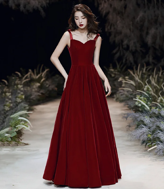 Elegant princess-style prom gowns-Burgundy velvet long A line prom dress evening dress  8699