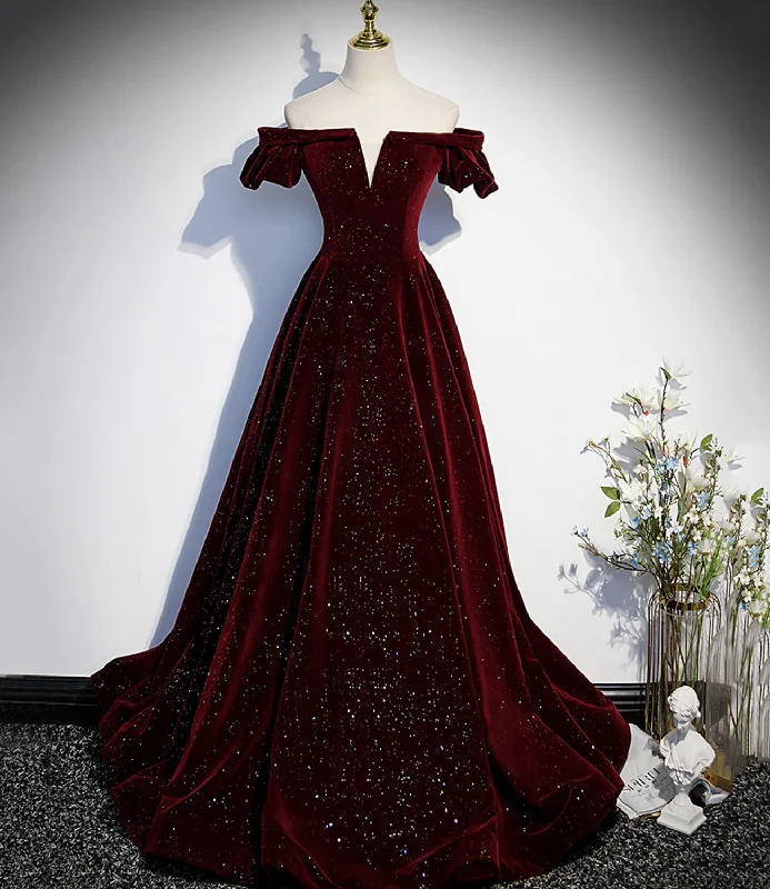 Unique prom dresses with lace details-Burgundy velvet long prom dress A line evening gown  10274