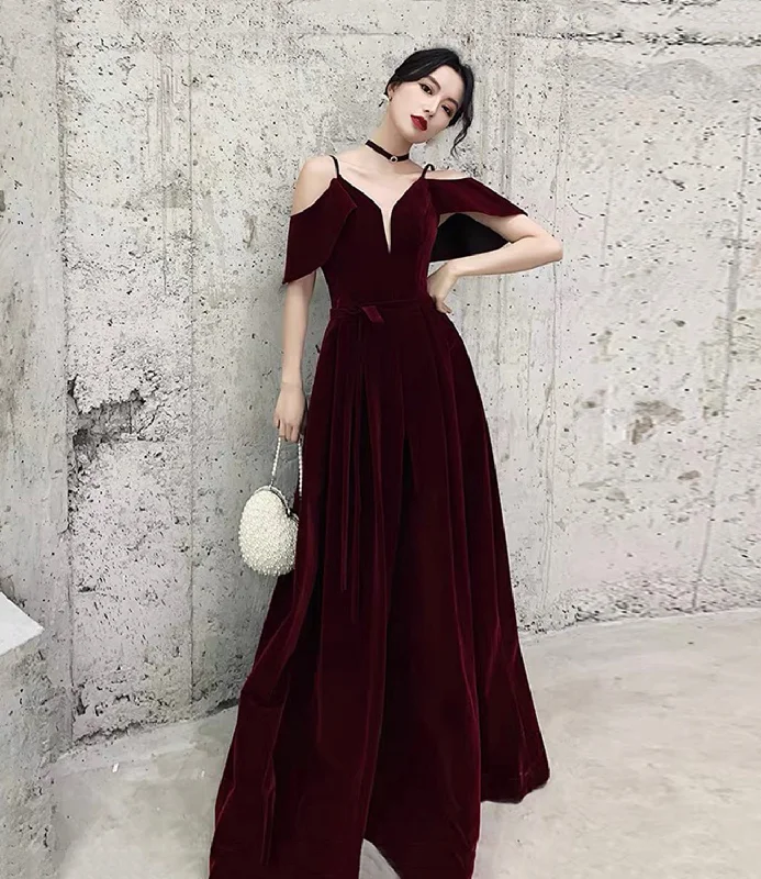 Prom dresses with lace-Burgundy velvet long prom dress A line evening gown  10370