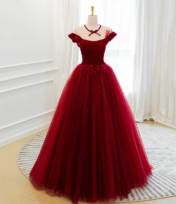 Prom dresses with floral patterns-Burgundy velvet tulle long prom dress A line evening gown 10580 Prom dresses with floral patterns-Burgundy velvet tulle long prom dress A line evening gown 10580