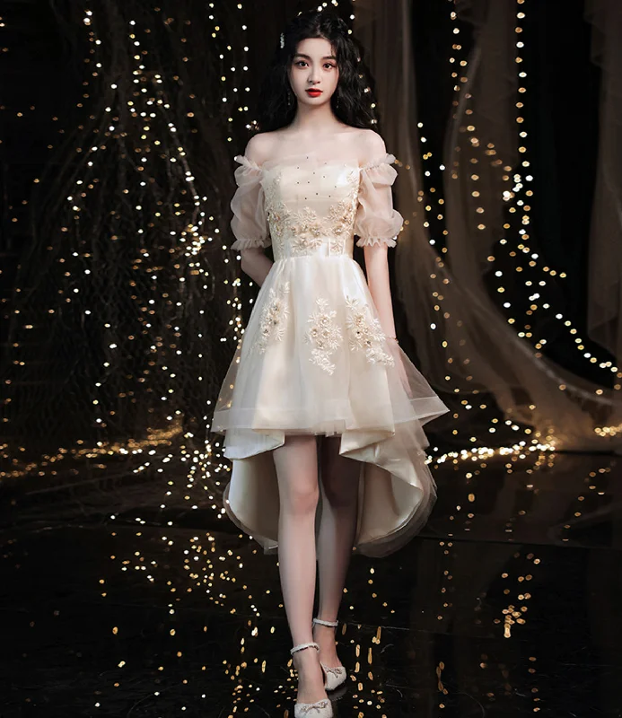 Prom dresses with floral patterns-Champagne lace high low prom dress homeciming dress 8911 Prom dresses with floral patterns-Champagne lace high low prom dress homeciming dress 8911