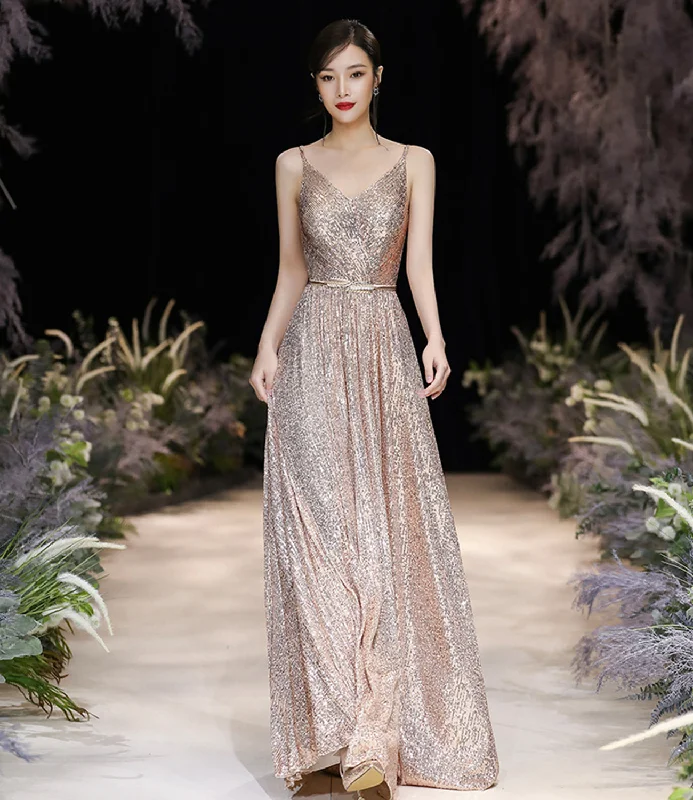 Pink satin prom dresses for a glamorous vibe-Champagne sequins long A line prom dress evening dress 8783 Pink satin prom dresses for a glamorous vibe-Champagne sequins long A line prom dress evening dress 8783