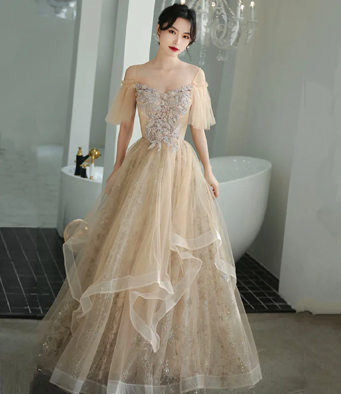 Prom dresses with denim jacket-Champagne tulle lace long prom dress A line evening dress 10339 Prom dresses with denim jacket-Champagne tulle lace long prom dress A line evening dress 10339