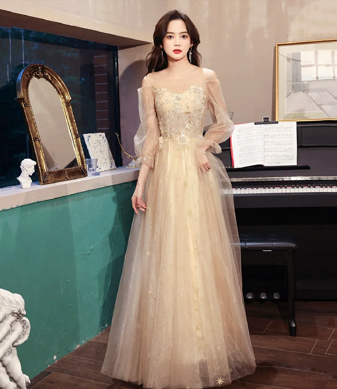 Playful prom dresses with ruffle hems-Champagne tulle lace long prom dress A line evening dress 10454 Playful prom dresses with ruffle hems-Champagne tulle lace long prom dress A line evening dress 10454