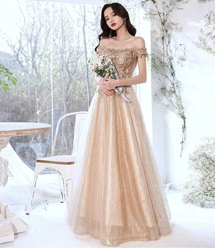 Romantic ruffled prom dresses for fun vibes-Champagne tulle lace long prom dress A line evening gown 10381 Romantic ruffled prom dresses for fun vibes-Champagne tulle lace long prom dress A line evening gown 10381