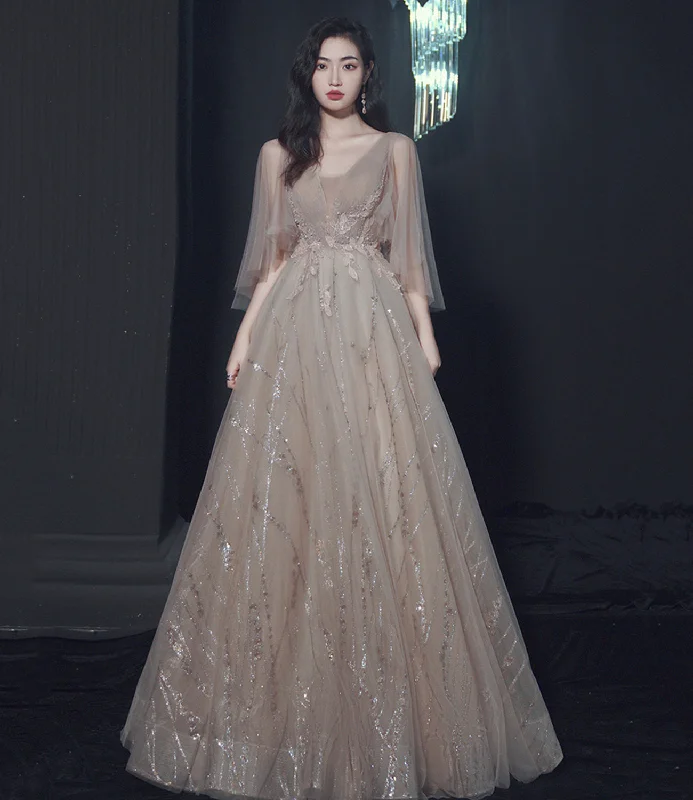 Sweet prom dresses with bow accents-Champagne tulle lace long prom dress A line evening gown 10464 Sweet prom dresses with bow accents-Champagne tulle lace long prom dress A line evening gown 10464