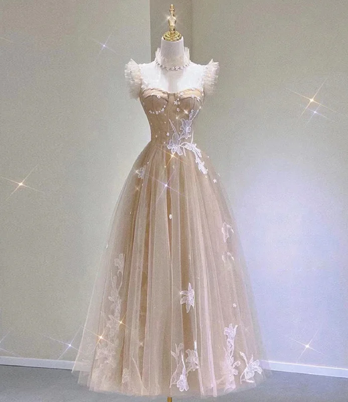 Prom dresses for Fourth of July-Champagne tulle lace tea length prom dress evening dress  10313