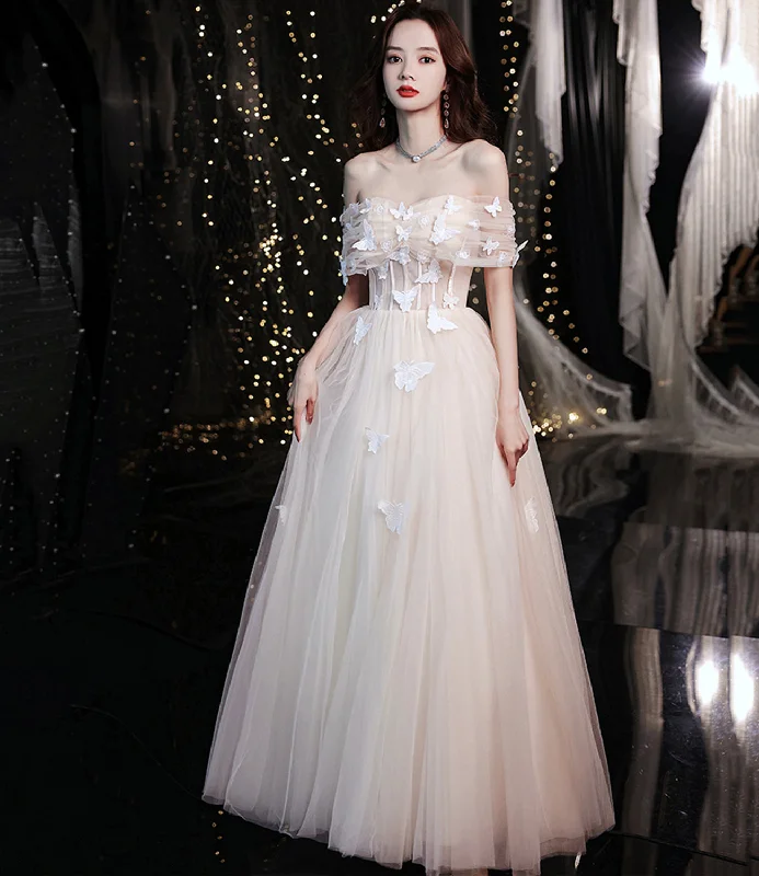 Unique high-fashion prom dresses for teens-Champagne tulle long A line prom dress evening dress 8716 Unique high-fashion prom dresses for teens-Champagne tulle long A line prom dress evening dress 8716