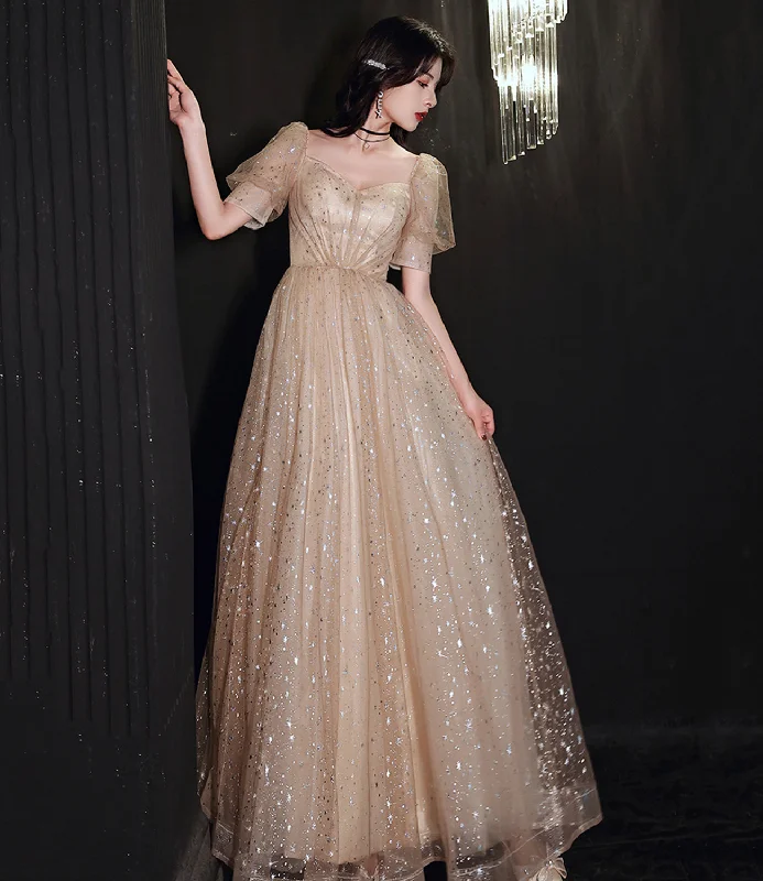 Budget-friendly prom dresses for teens-Champagne tulle long A line prom dress evening dress 8853 Budget-friendly prom dresses for teens-Champagne tulle long A line prom dress evening dress 8853