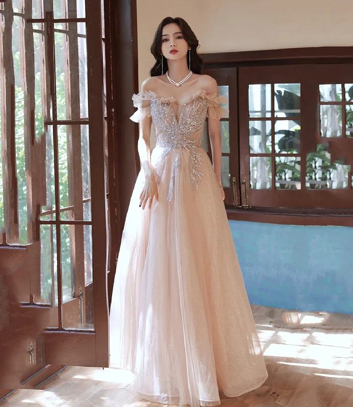 Stunning strapless prom dresses for glamour-Champagne tulle long prom dress A line evening dress 10388 Stunning strapless prom dresses for glamour-Champagne tulle long prom dress A line evening dress 10388