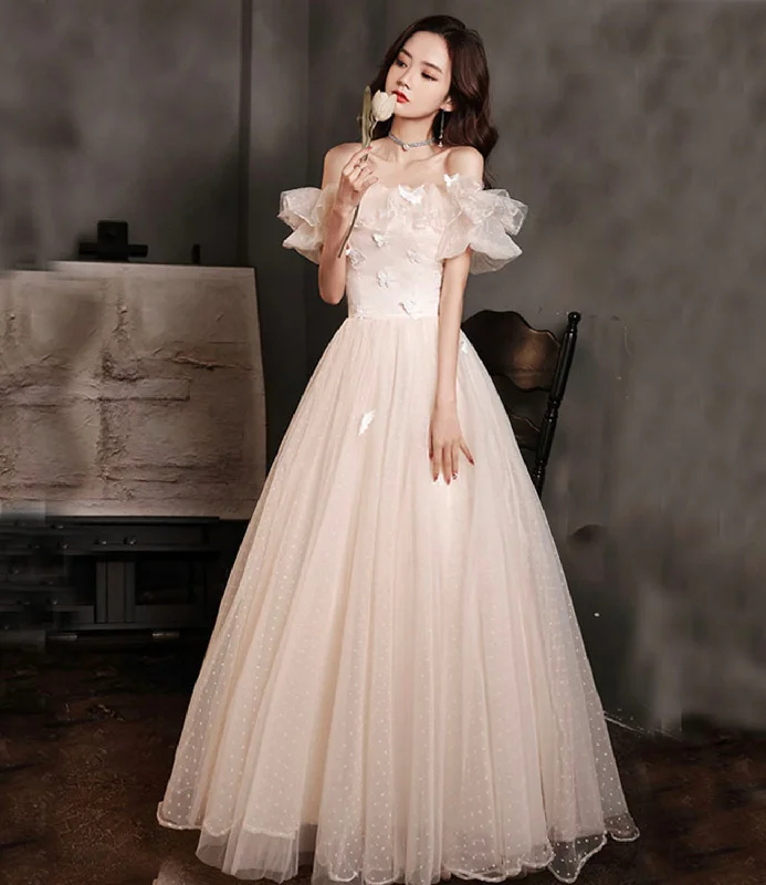 Soft velvet prom dresses for elegant comfort-Champagne tulle long prom dress A line evening dress 10423 Soft velvet prom dresses for elegant comfort-Champagne tulle long prom dress A line evening dress 10423
