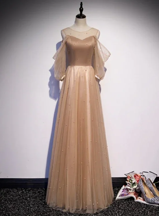 Prom dresses with flowers-Champagne Tulle Long Puffy Sleeves Party Dresses, Beautiful Floor Length Prom Dresses gh31 Prom dresses with flowers-Champagne Tulle Long Puffy Sleeves Party Dresses, Beautiful Floor Length Prom Dresses gh31