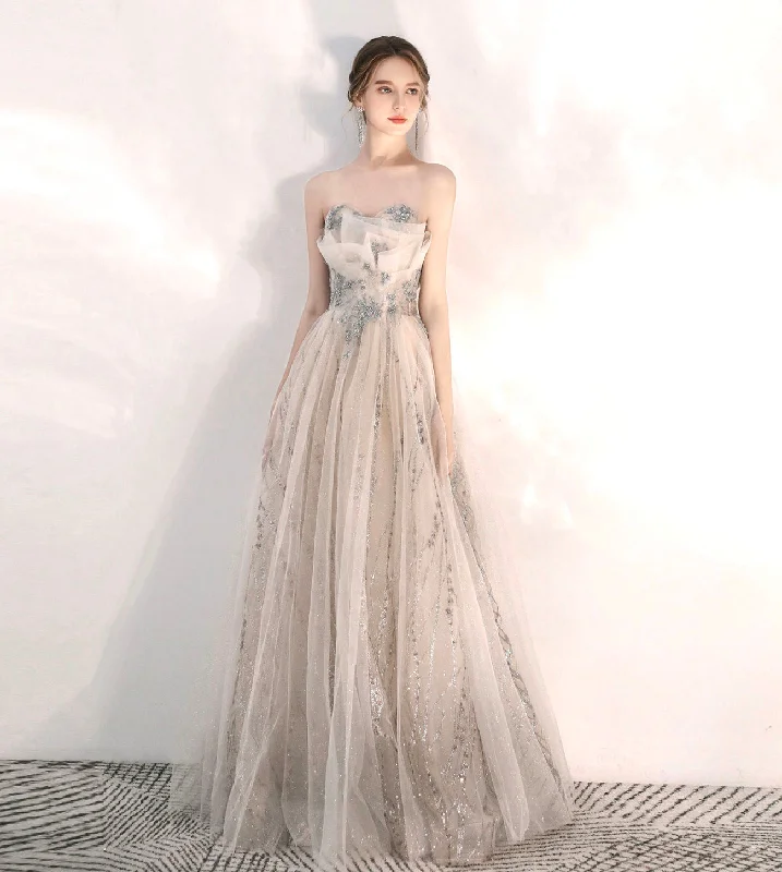 Comfortable prom dresses for long wear-Champagne tulle sequins long A line prom dress 8574 Comfortable prom dresses for long wear-Champagne tulle sequins long A line prom dress 8574
