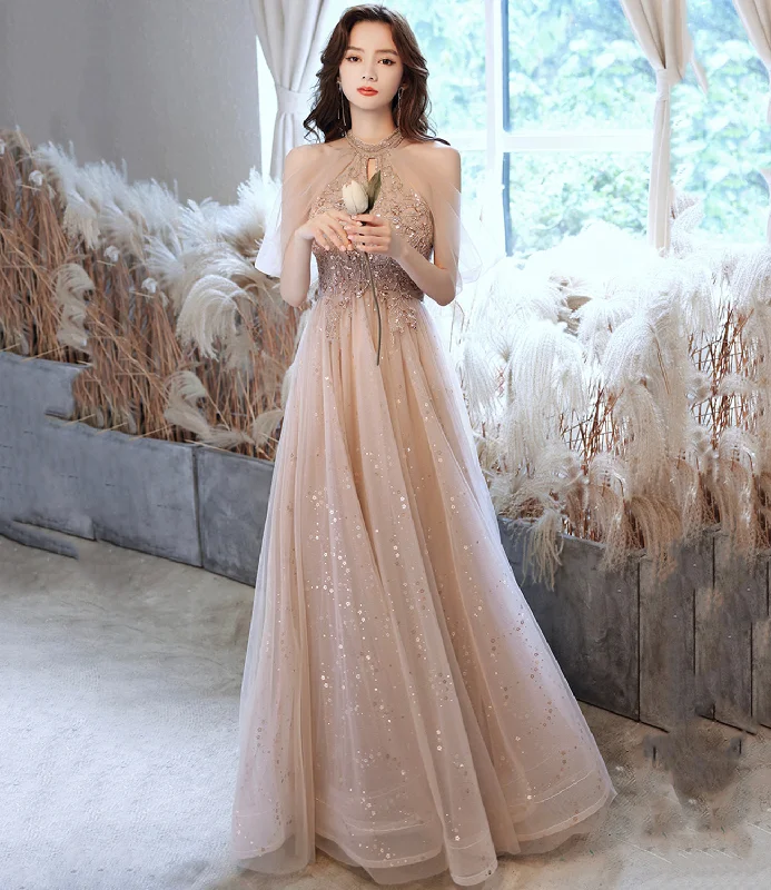 Prom dresses for evening events-Champagne tulle sequins long A line prom dress evening dress 8683 Prom dresses for evening events-Champagne tulle sequins long A line prom dress evening dress 8683