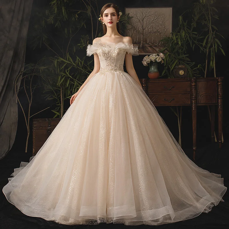 Casual prom dresses for laid-back style-Champagne tulle sequins long ball gown dress formal dress 10249 Casual prom dresses for laid-back style-Champagne tulle sequins long ball gown dress formal dress 10249